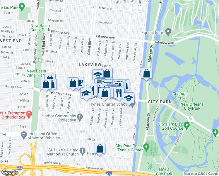map of restaurants, bars, coffee shops, grocery stores, and more near 6384 General Diaz Street in New Orleans