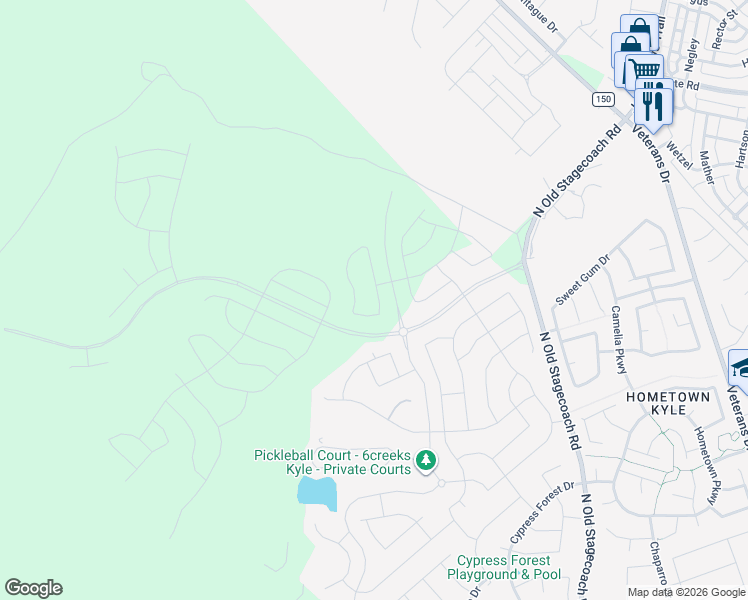 map of restaurants, bars, coffee shops, grocery stores, and more near Six Creeks Boulevard in Kyle