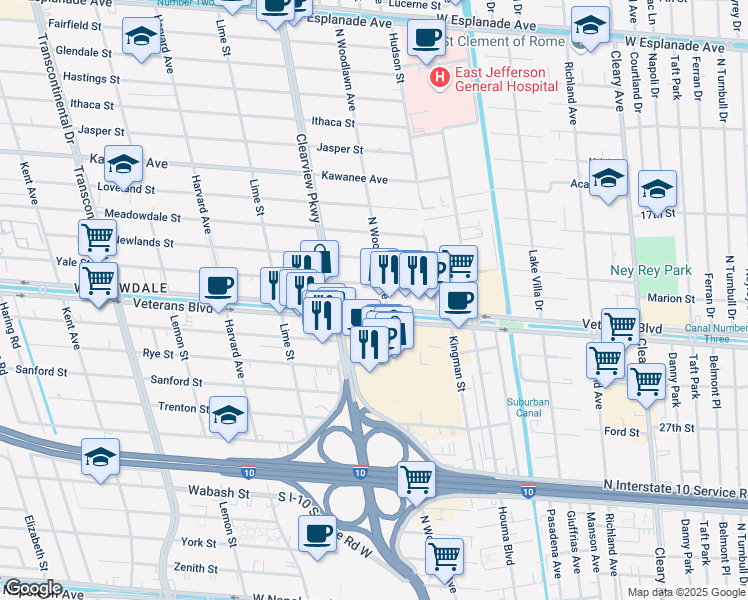 map of restaurants, bars, coffee shops, grocery stores, and more near 4531 Veterans Boulevard in Metairie