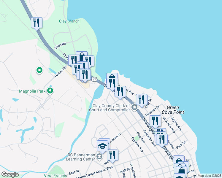 map of restaurants, bars, coffee shops, grocery stores, and more near 1409 North Orange Avenue in Green Cove Springs