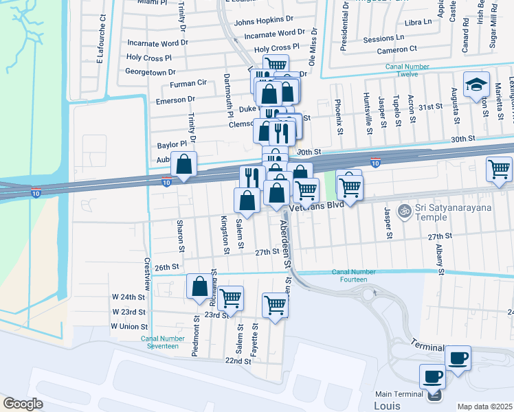 map of restaurants, bars, coffee shops, grocery stores, and more near 2831 Fayette Street in Kenner