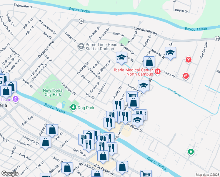 map of restaurants, bars, coffee shops, grocery stores, and more near 1000 Trotter Street in New Iberia
