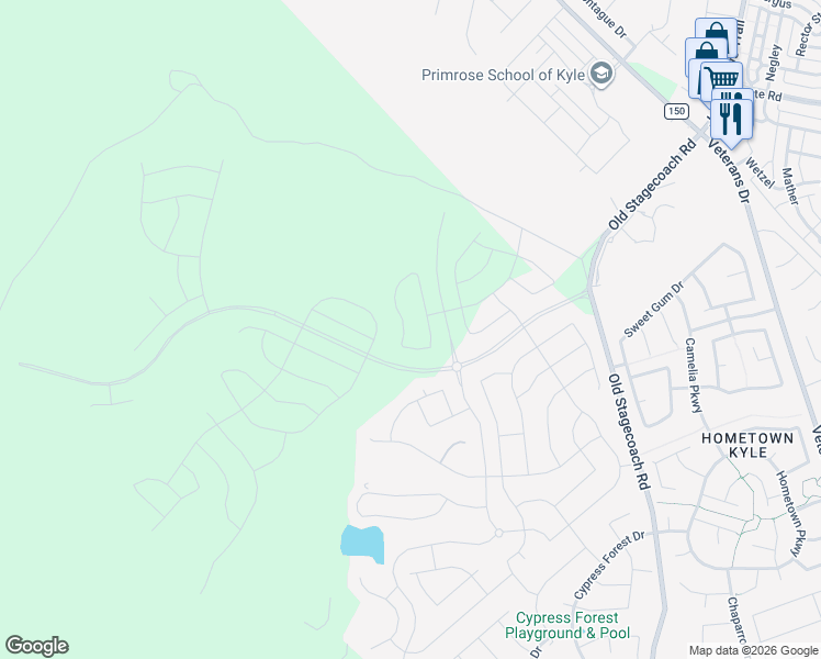 map of restaurants, bars, coffee shops, grocery stores, and more near Six Creeks Boulevard in Kyle