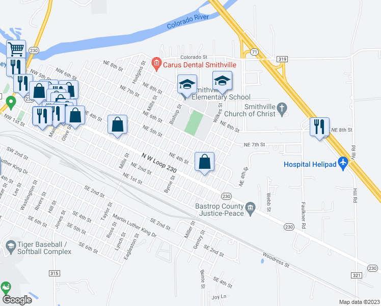 map of restaurants, bars, coffee shops, grocery stores, and more near 406 Byrne Street in Smithville