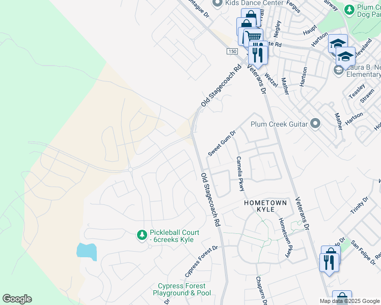map of restaurants, bars, coffee shops, grocery stores, and more near 1203 Old Stagecoach Road in Kyle