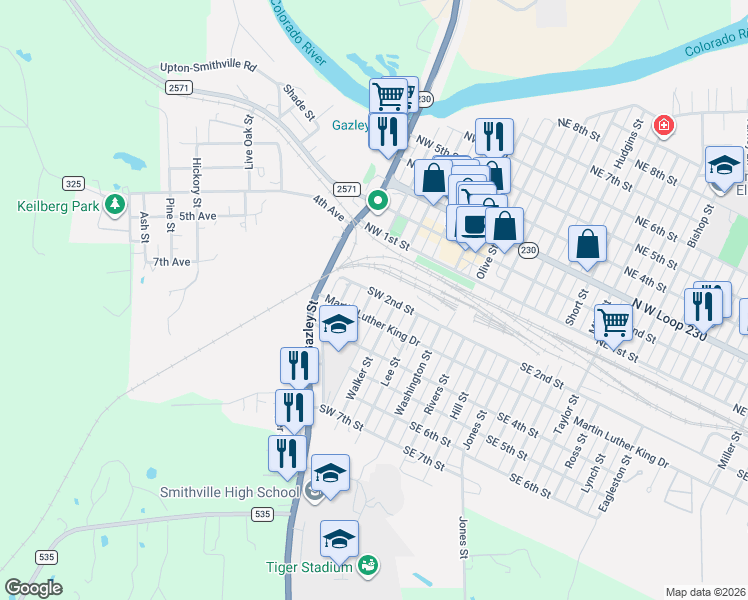 map of restaurants, bars, coffee shops, grocery stores, and more near 201 Harris Street in Smithville