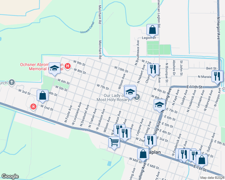 map of restaurants, bars, coffee shops, grocery stores, and more near 701 North Jackson Avenue in Kaplan