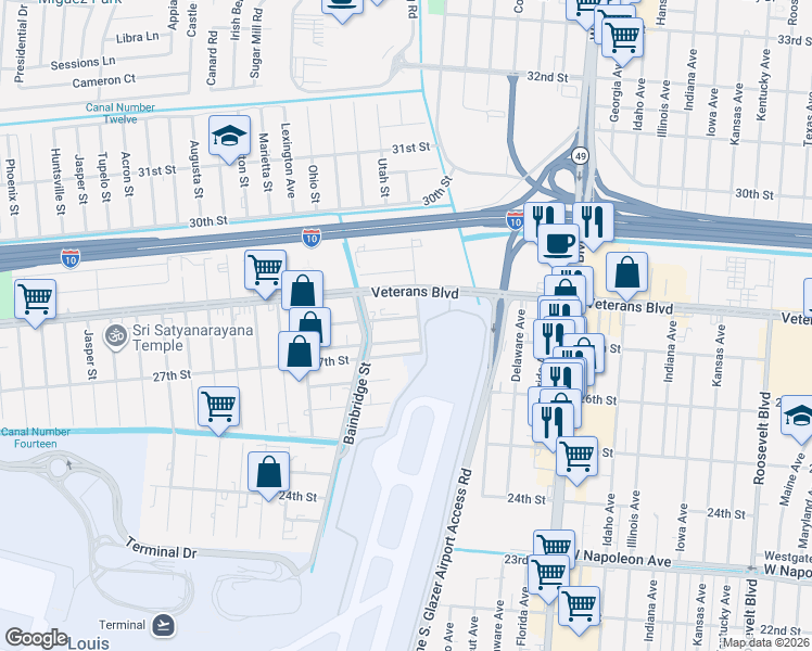 map of restaurants, bars, coffee shops, grocery stores, and more near 1519 Danville Street in Kenner