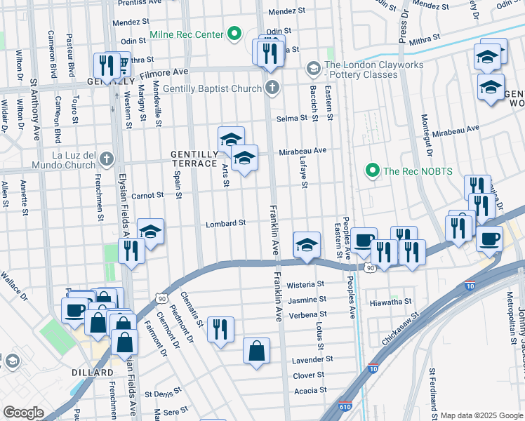 map of restaurants, bars, coffee shops, grocery stores, and more near 4631 Venus Street in New Orleans