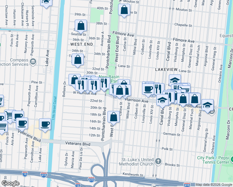map of restaurants, bars, coffee shops, grocery stores, and more near 6326 Catina Street in New Orleans