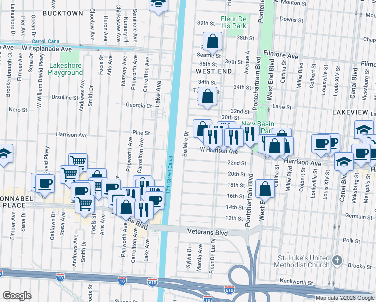 map of restaurants, bars, coffee shops, grocery stores, and more near 6290 Bellaire Drive in New Orleans