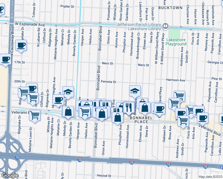 map of restaurants, bars, coffee shops, grocery stores, and more near 941 Orion Avenue in Metairie