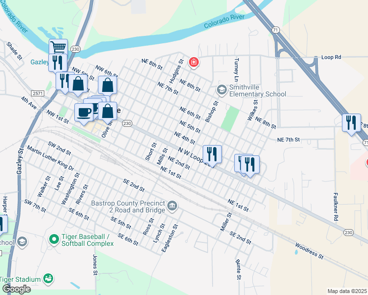 map of restaurants, bars, coffee shops, grocery stores, and more near 304 Garwood Street in Smithville