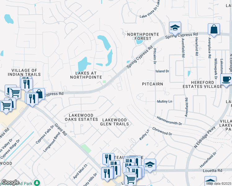 map of restaurants, bars, coffee shops, grocery stores, and more near 13202 Vinery Court in Cypress