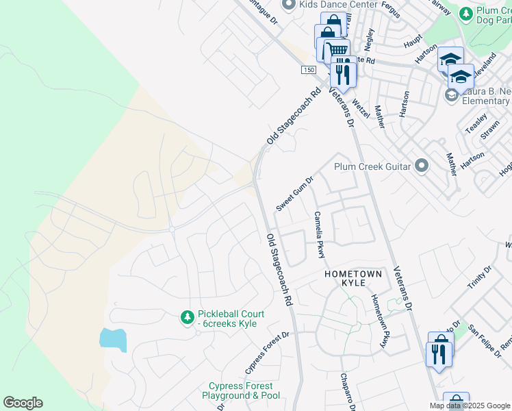 map of restaurants, bars, coffee shops, grocery stores, and more near 1203 Old Stagecoach Road in Kyle