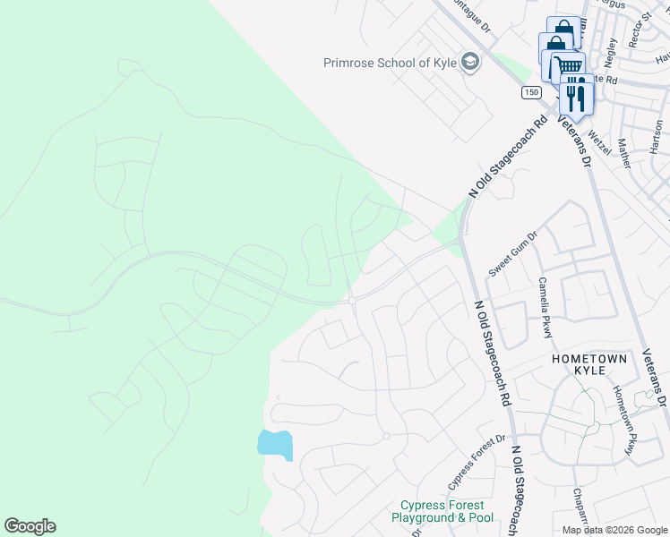 map of restaurants, bars, coffee shops, grocery stores, and more near Six Creeks Boulevard in Kyle