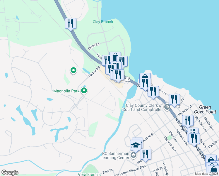 map of restaurants, bars, coffee shops, grocery stores, and more near 1208 Travers Road in Green Cove Springs