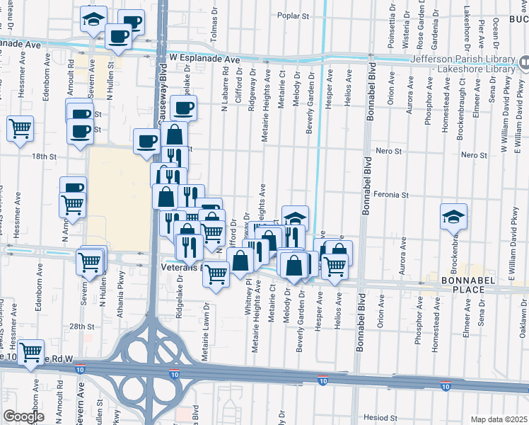 map of restaurants, bars, coffee shops, grocery stores, and more near 3131 Metairie Heights Avenue in Metairie