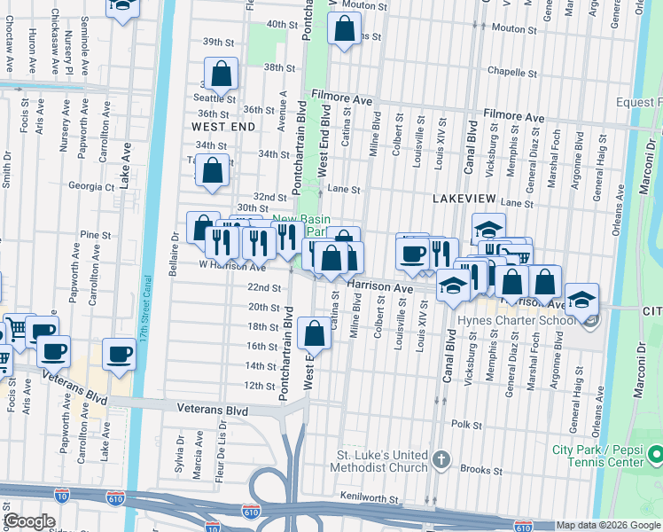 map of restaurants, bars, coffee shops, grocery stores, and more near 6326 Catina Street in New Orleans