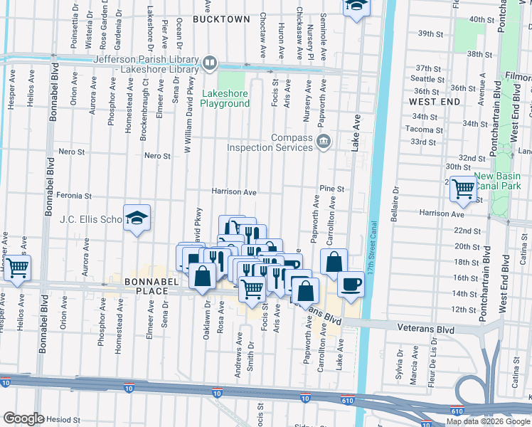 map of restaurants, bars, coffee shops, grocery stores, and more near 1117 Focis Street in Metairie