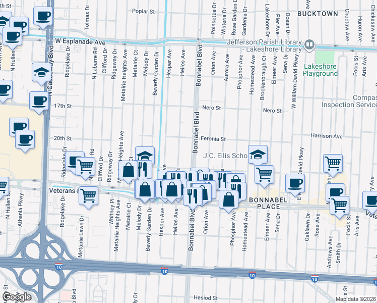 map of restaurants, bars, coffee shops, grocery stores, and more near 943 Bonnabel Boulevard in Metairie