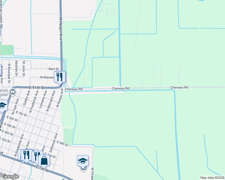 map of restaurants, bars, coffee shops, grocery stores, and more near Cheneau Road in Kaplan