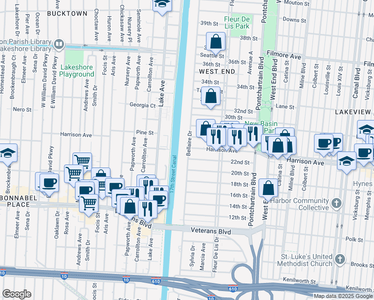 map of restaurants, bars, coffee shops, grocery stores, and more near 6290 Bellaire Drive in New Orleans