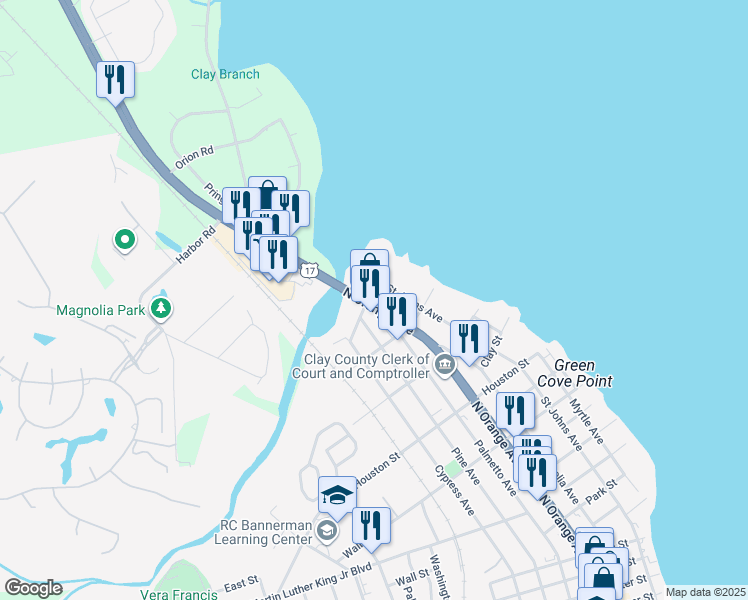 map of restaurants, bars, coffee shops, grocery stores, and more near 1190 North Orange Avenue in Green Cove Springs