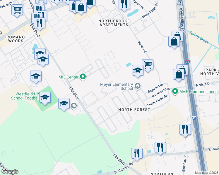 map of restaurants, bars, coffee shops, grocery stores, and more near 16350 Ella Boulevard in Houston
