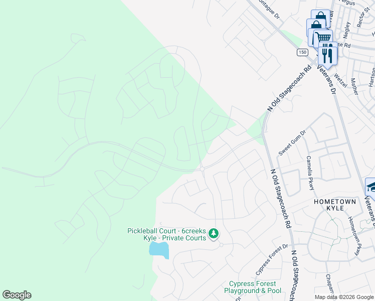 map of restaurants, bars, coffee shops, grocery stores, and more near Six Creeks Boulevard in Kyle