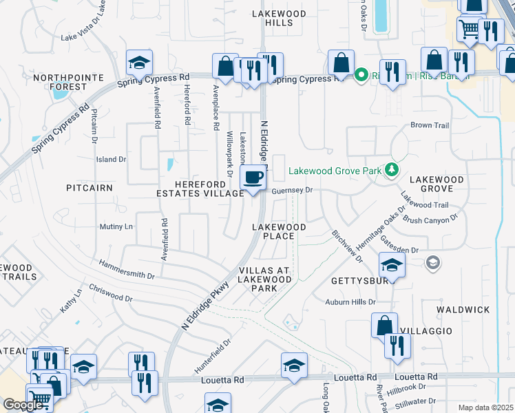 map of restaurants, bars, coffee shops, grocery stores, and more near 16123 North Eldridge Parkway in Tomball