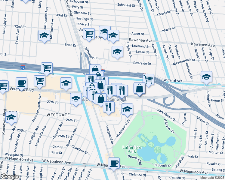 map of restaurants, bars, coffee shops, grocery stores, and more near 6901 Veterans Memorial Boulevard in Metairie