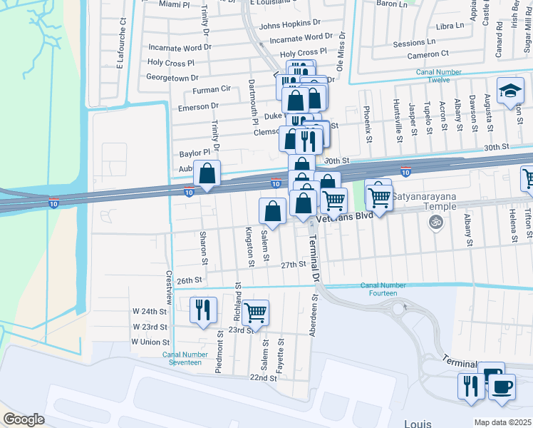 map of restaurants, bars, coffee shops, grocery stores, and more near 2831 Fayette Street in Kenner