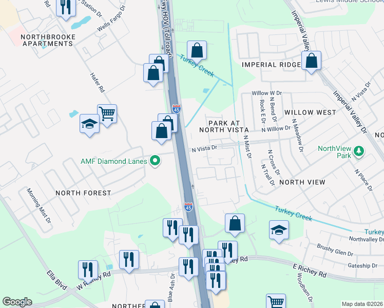 map of restaurants, bars, coffee shops, grocery stores, and more near 220 North Vista Drive in Houston