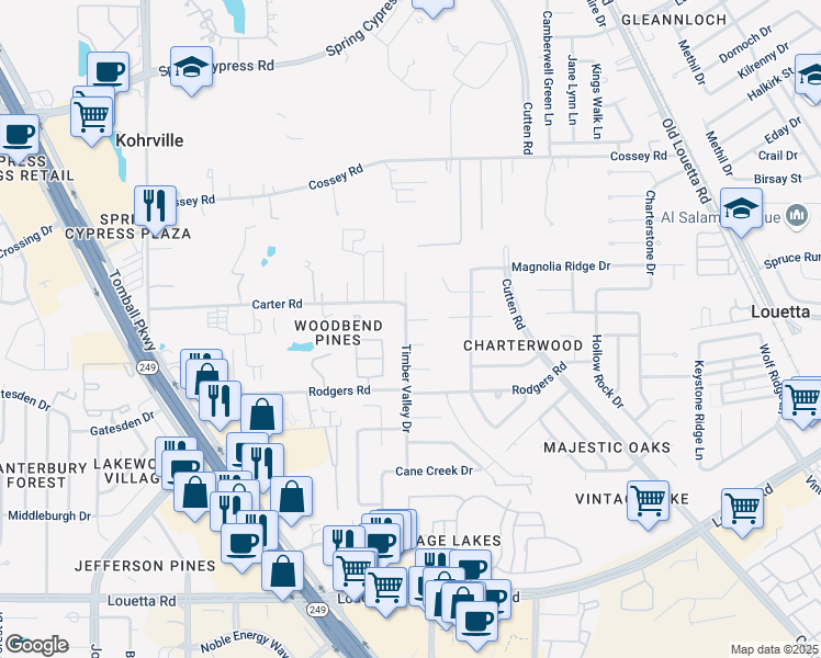map of restaurants, bars, coffee shops, grocery stores, and more near 16211 Timber Valley Drive in Houston