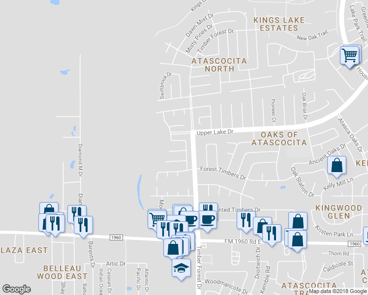 map of restaurants, bars, coffee shops, grocery stores, and more near 5323 Dawnburst Drive in Humble