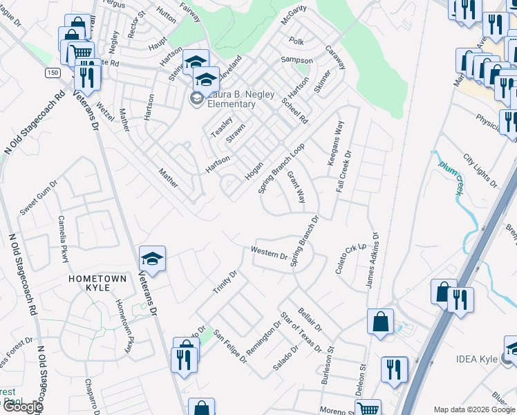 map of restaurants, bars, coffee shops, grocery stores, and more near 174 Spring Branch Loop in Kyle