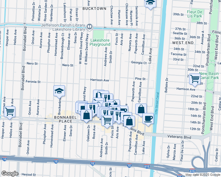 map of restaurants, bars, coffee shops, grocery stores, and more near 1117 Focis Street in Metairie