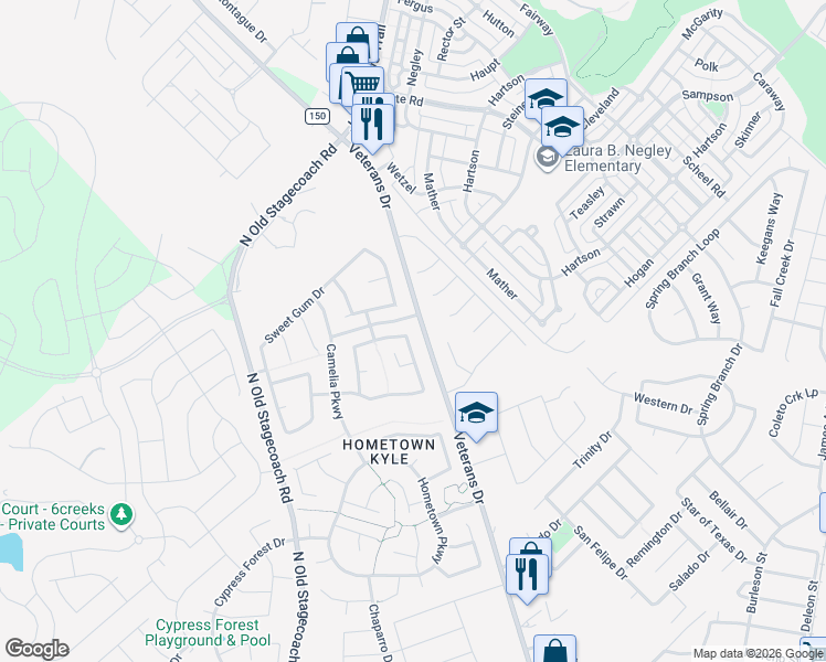 map of restaurants, bars, coffee shops, grocery stores, and more near 588 Bottle Brush Drive in Kyle
