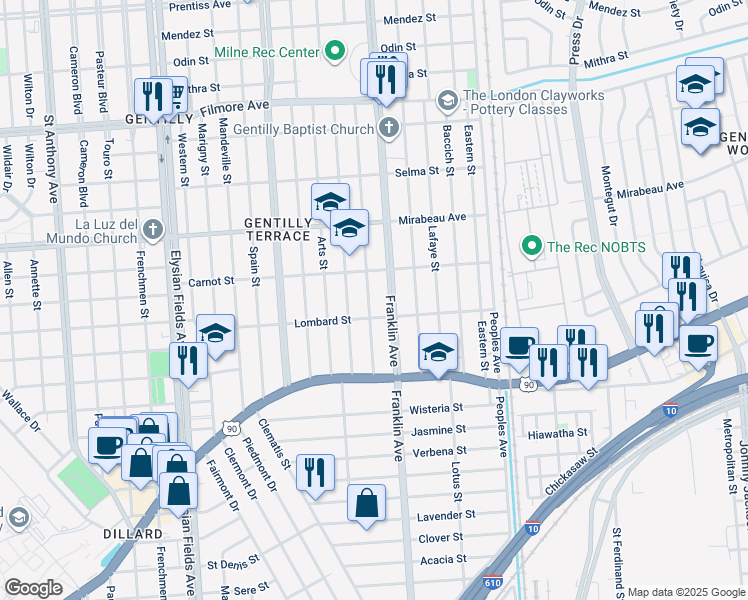 map of restaurants, bars, coffee shops, grocery stores, and more near 4631 Venus Street in New Orleans