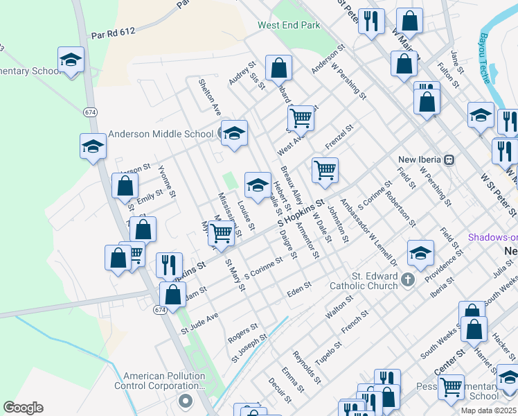 map of restaurants, bars, coffee shops, grocery stores, and more near 1200 South Hopkins Street in New Iberia