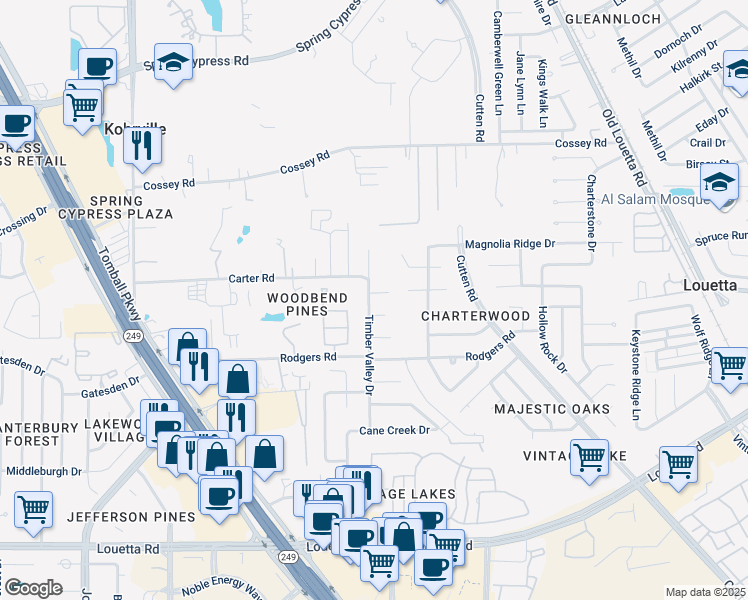 map of restaurants, bars, coffee shops, grocery stores, and more near 16211 Timber Valley Drive in Houston