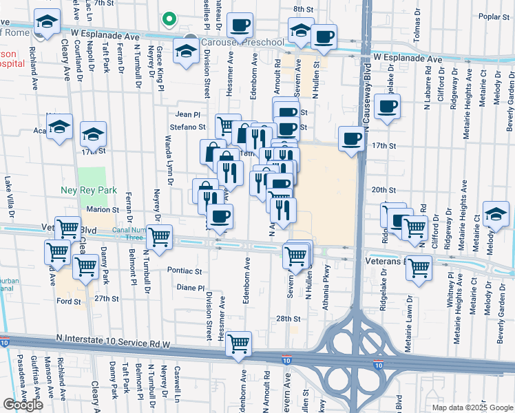 map of restaurants, bars, coffee shops, grocery stores, and more near 3033 Edenborn Avenue in Metairie