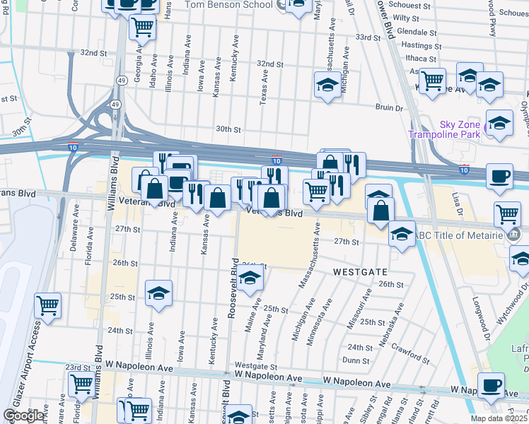 map of restaurants, bars, coffee shops, grocery stores, and more near 2701 Veterans Memorial Boulevard in Kenner