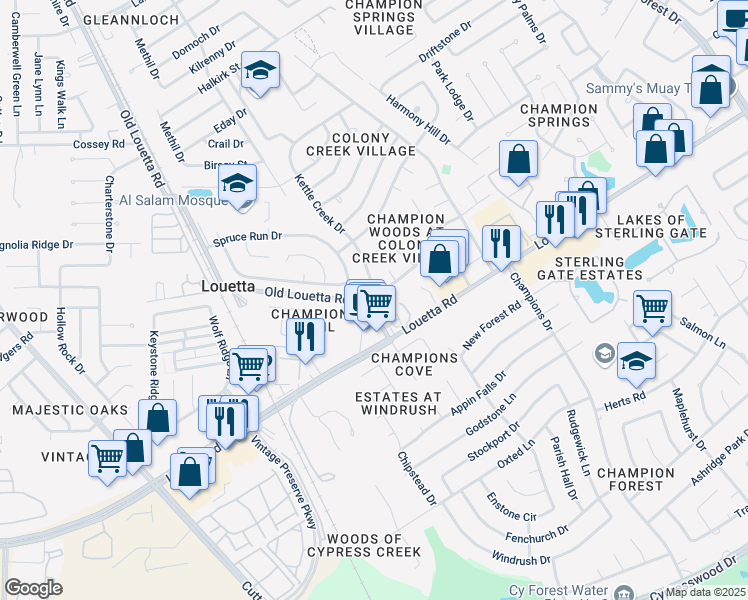 map of restaurants, bars, coffee shops, grocery stores, and more near 16813 Kettle Creek Drive in Spring