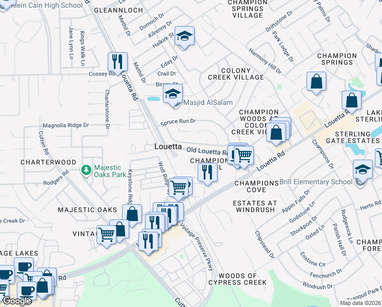 map of restaurants, bars, coffee shops, grocery stores, and more near 9710 Rex Creek Court in Spring