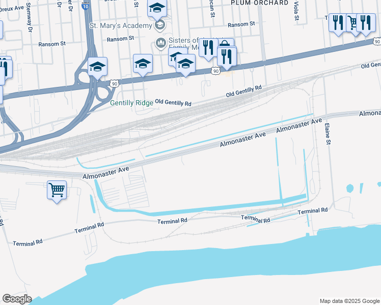 map of restaurants, bars, coffee shops, grocery stores, and more near 7687 Almonaster Avenue in New Orleans