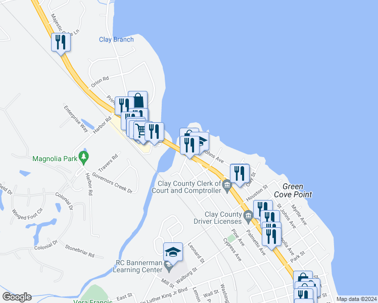 map of restaurants, bars, coffee shops, grocery stores, and more near 162 Governor Street in Green Cove Springs