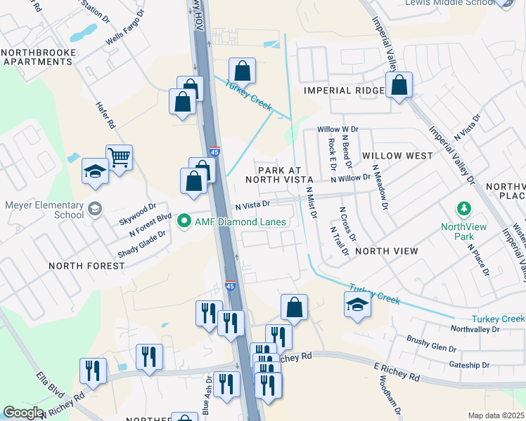 map of restaurants, bars, coffee shops, grocery stores, and more near 19 North Vista Drive in Houston
