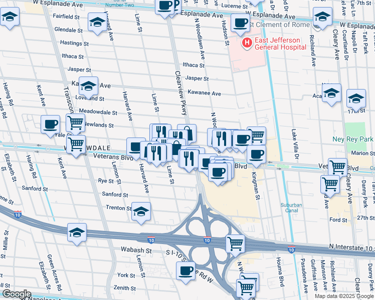 map of restaurants, bars, coffee shops, grocery stores, and more near 4601 Veterans Boulevard in Metairie
